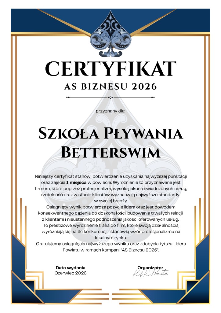 Certyfikat AS Biznesu 2026 przyznany Szkole Pływania BetterSwim — I miejsce w powiecie i tytuł Lidera Powiatu